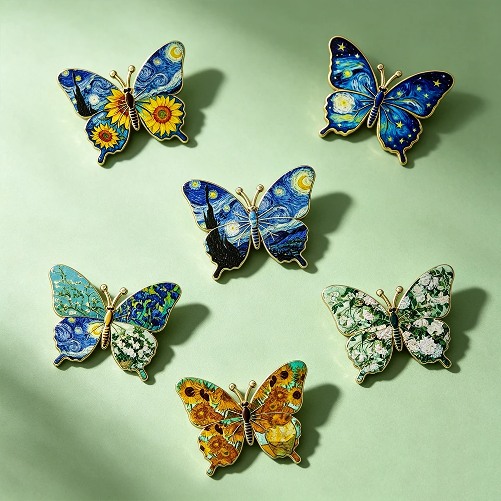 6Pcs Van Gogh Art Butterfly UV Color Printing Metal Lapel Brooches Badges for Backpack Art Lovers Collectible Pin, Friend Gift
