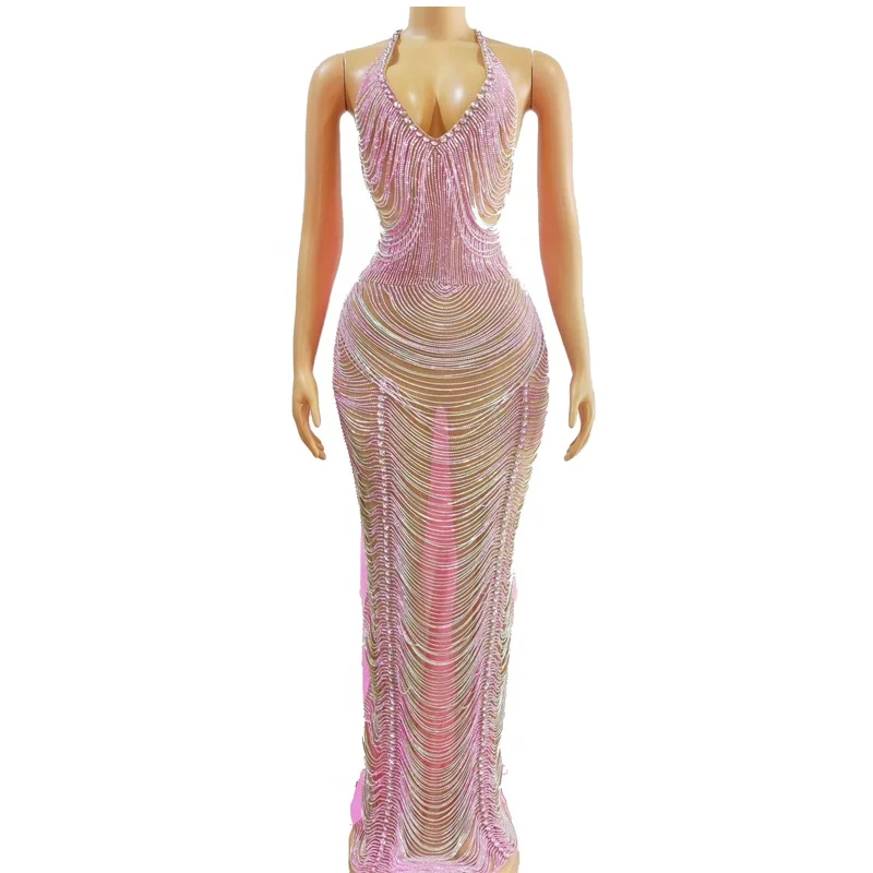 

New Sexy Rhinestone Tassel Long Prom Birthday Singer Dress