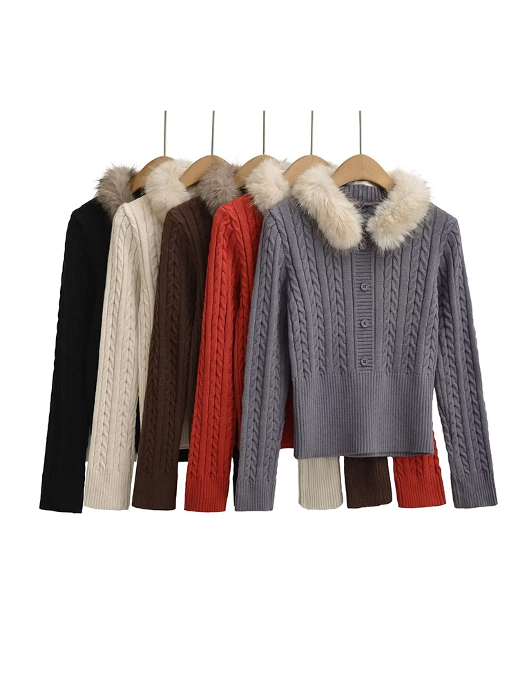 

Women's Detachable Faux Fur Collar Sweater Solid Color Stretchy Criss-cross Knitted Pullover