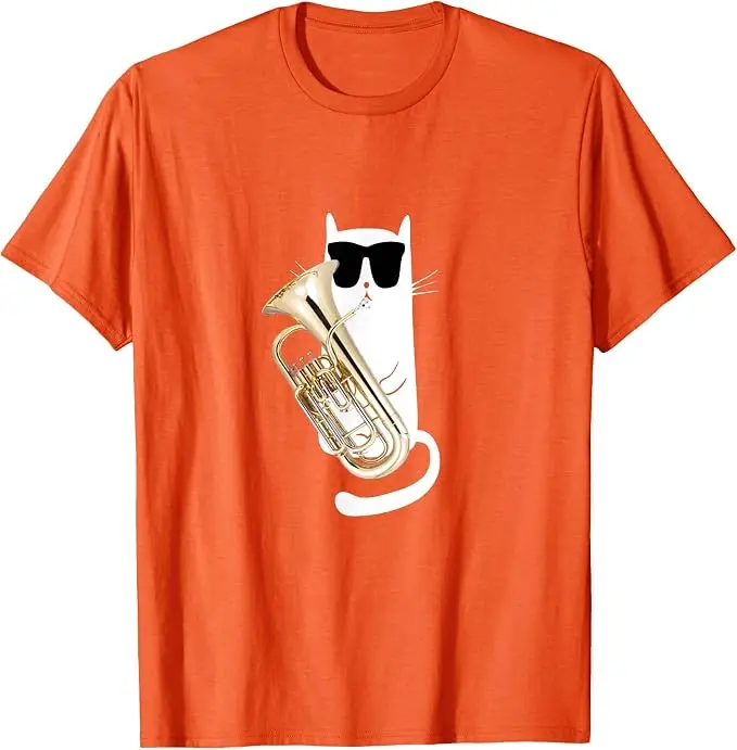 Funny Cat Wearing Sunglasses Playing Euphonium T-Shirt Y2k Cute Kitty Aesthetic Clothes Music Band Streetwear Tee Shirt Novelty