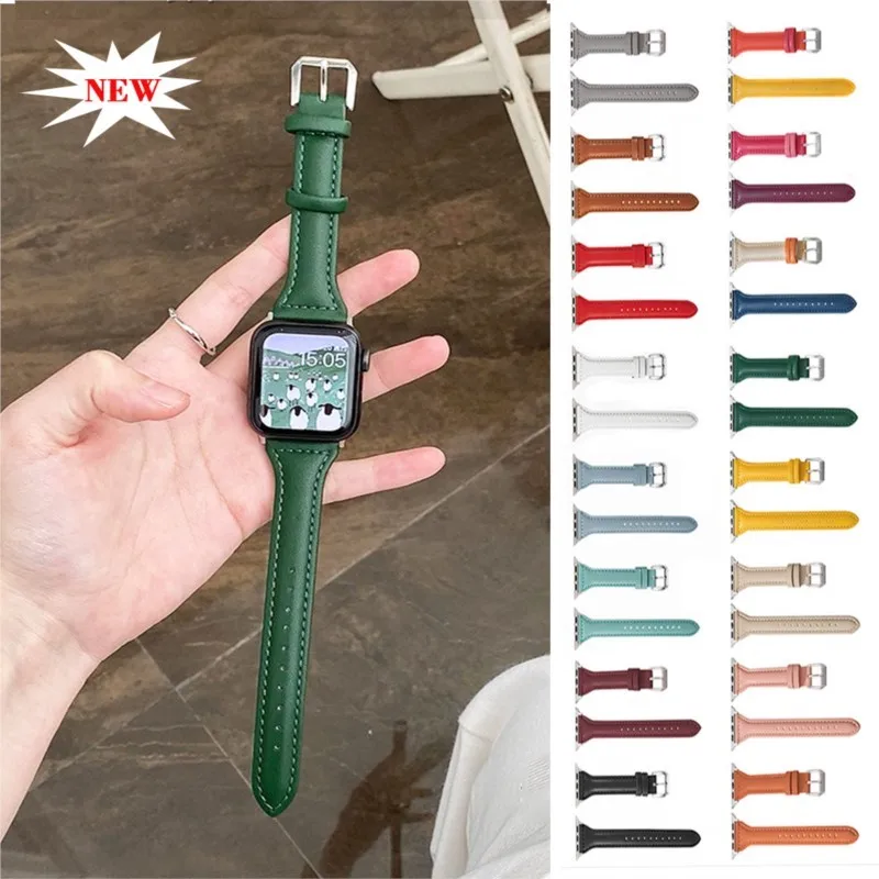 Slim Leather Strap For Apple Watch Band 44mm 40mm 41mm 49mm 42 45 mm wrist women bracelet iWatch serie 9 8 7 6 5 4 3 SE Ultra 2