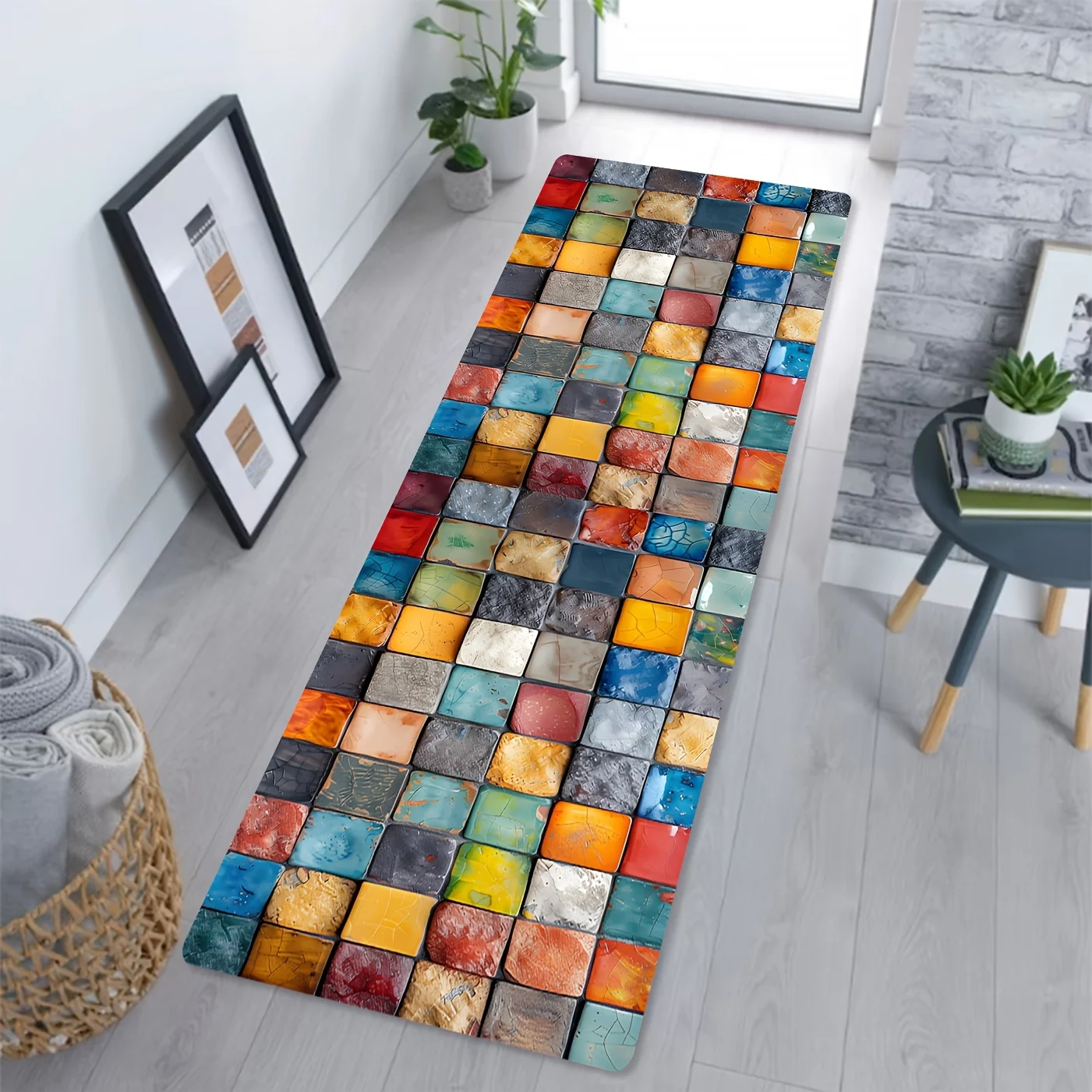 Anti-Slip Absorbent Colorful Mosaic Tile Pattern Long Floor Mat Washable Runner Rug for Living Room Kitchen Entryway Daily Use