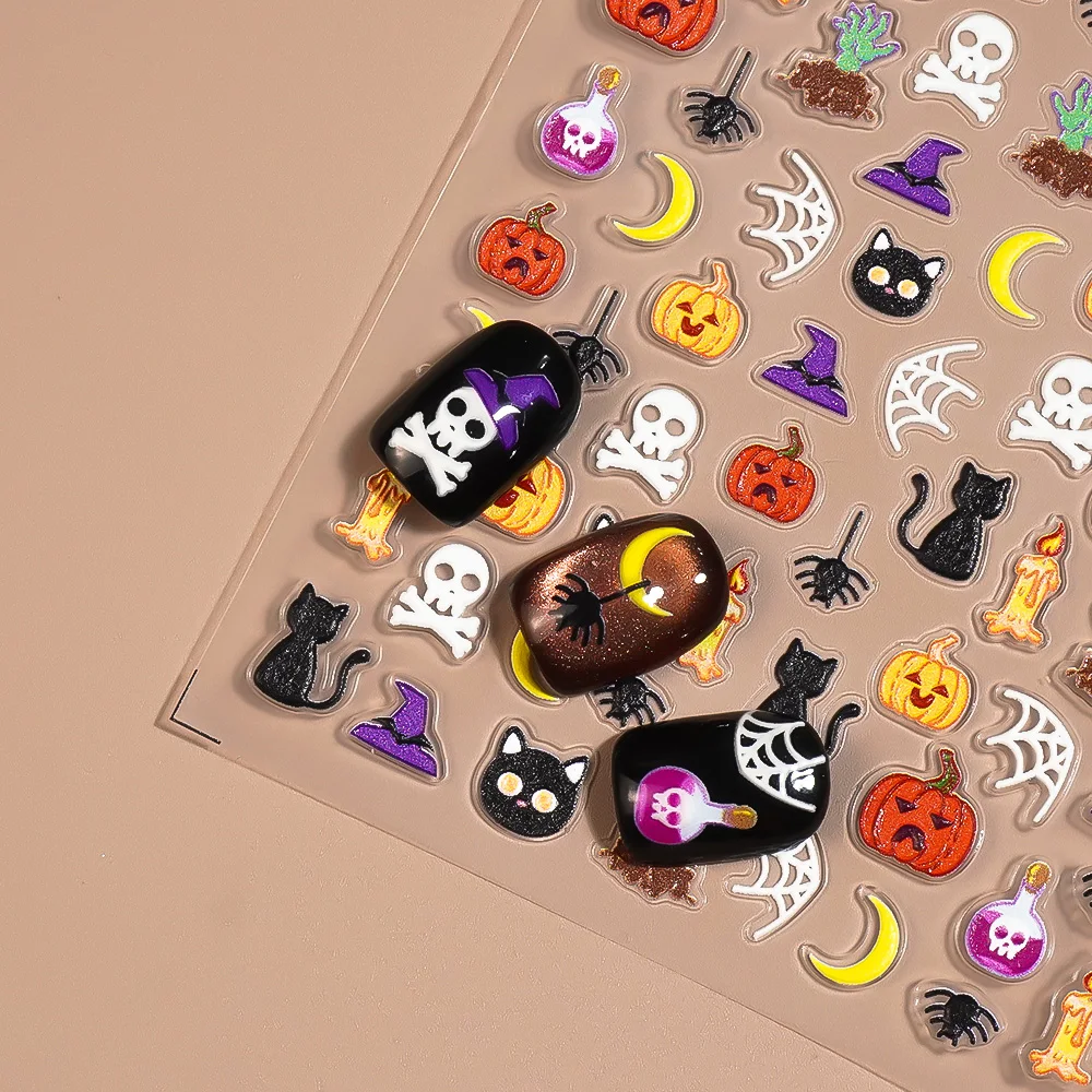 1/5/10pcs Pumpkin Cat Skull Witch Hat Nail Stickers 5D Embossed Halloween Nail Art Stickers For DIY Manicure Decoration Decals