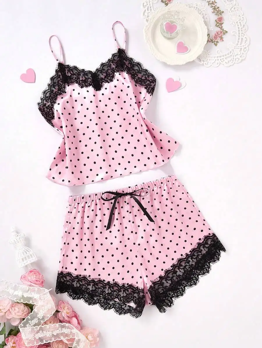 2PCS Pajama Suit Women Fashion V-Neck Stretch Satin Lace Sexy Lingerie Bowknot Pyjamas Shorts Set Pink and Round Dot Sleepwear