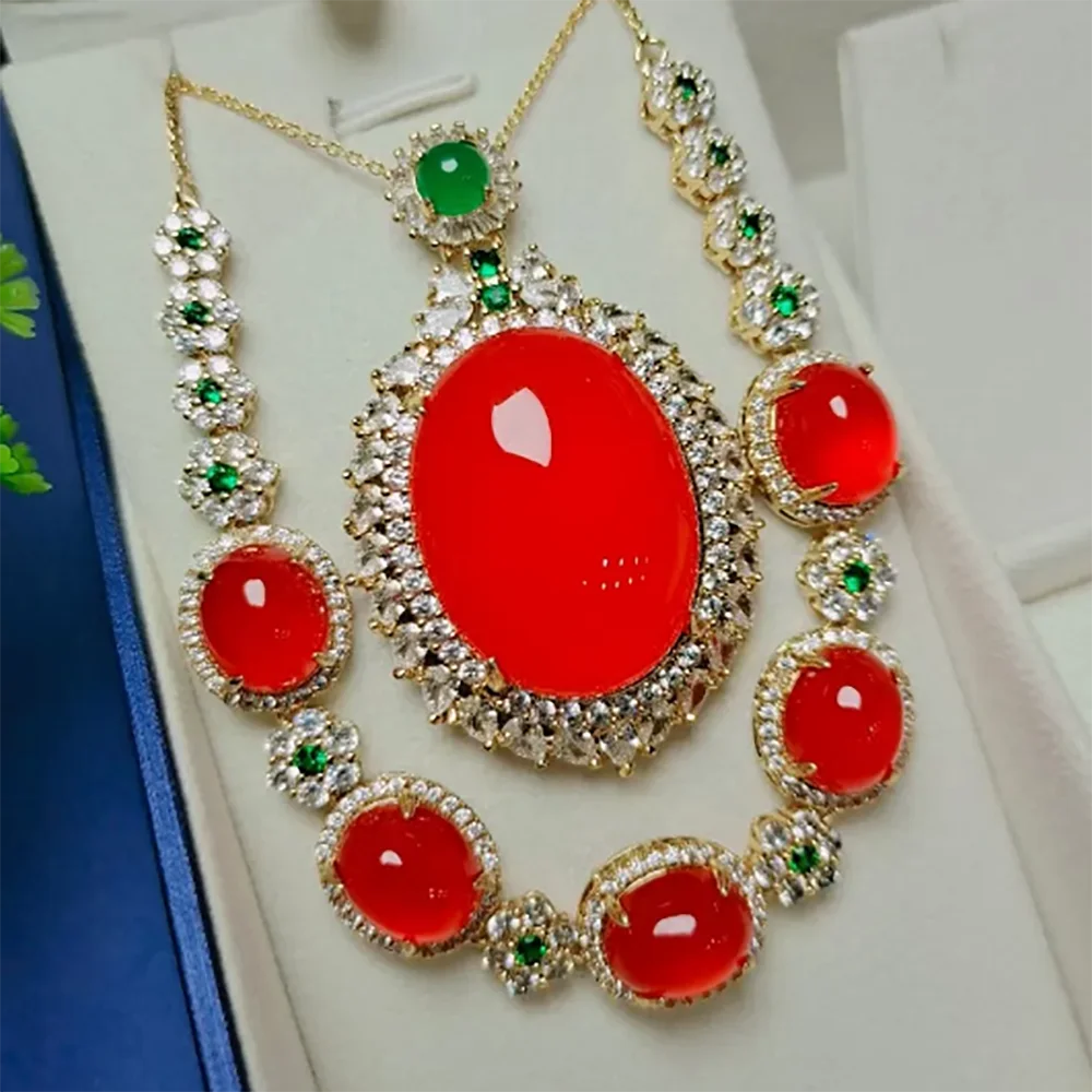 

Natural Red Chalcedony Jade Jewelry Set Women Carnelian Oval Pendant Necklace With Zircon Emerald Jades Bracelets Jewellery Set