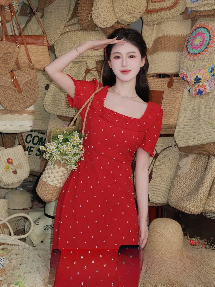 

Летняя юбка миди Sweet Sle Long Dr Neon Heart Cheered Red Danon с квадратным вырезом, в горошек, с высокой талией, пышная