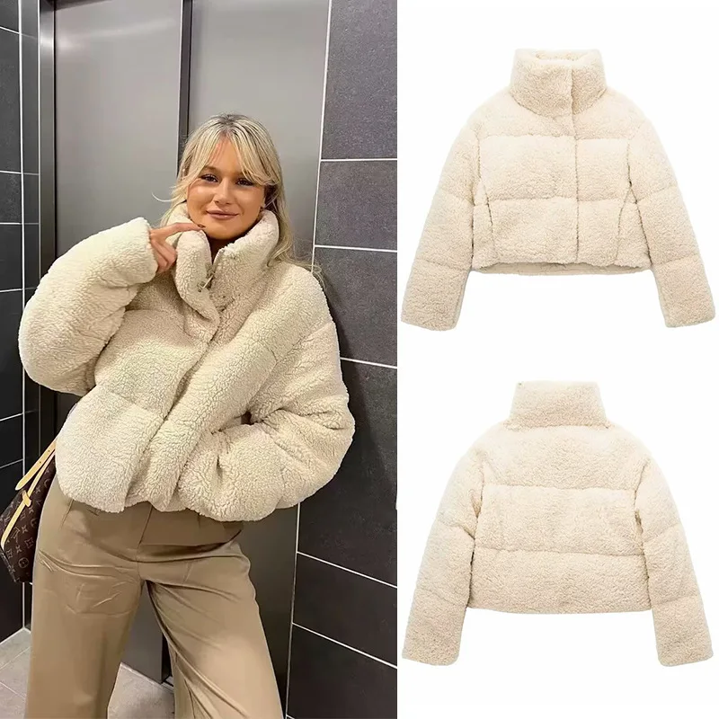 

Autumn and Winter New Women's Lamb Wool Short Cotton Coat Standing Collar Thickened Warm Bread Coat Cotton Coat