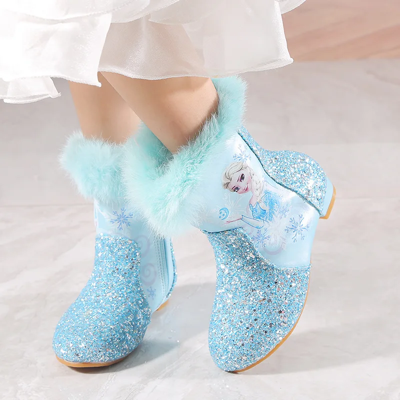 

Disney girls cartoon frozen boot princess Fashion long boots plus velvet shoes