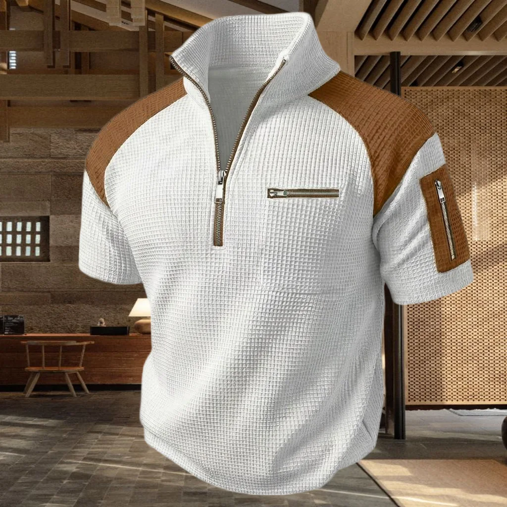 2026 Summer Men's Plaid Polo Shirt Short Sleeve Turn-Down Collar Zipper Tshirts for Men Casual Streetwear New Male Tops