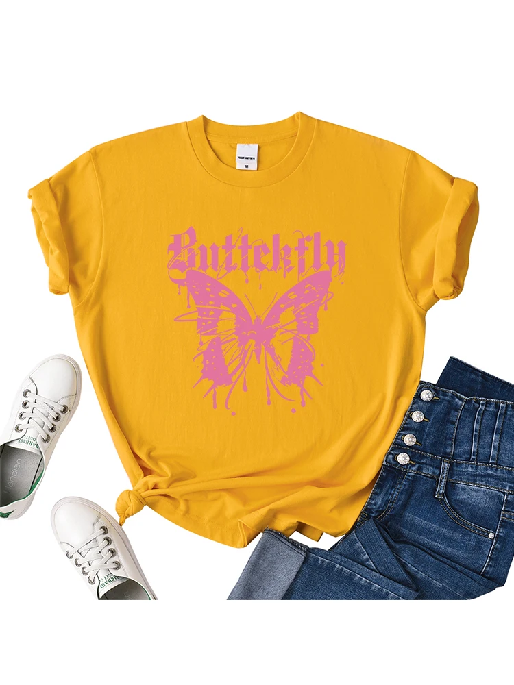 ピンク中空蝶プリント Retio Tシャツ女性の快適な Tシャツスポーツオールマッチ服クルーネックソフト半袖