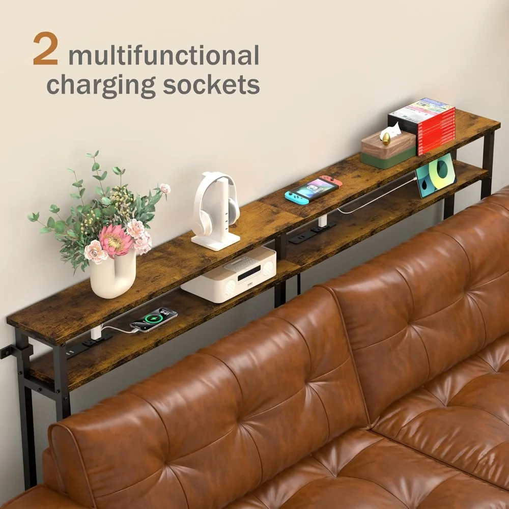 طاولة كونسول للأريكة ثنائية المستوى مقاس 70 بوصة مع طاقة مدمجة وشحن USB، وسلك تمديد متضمن