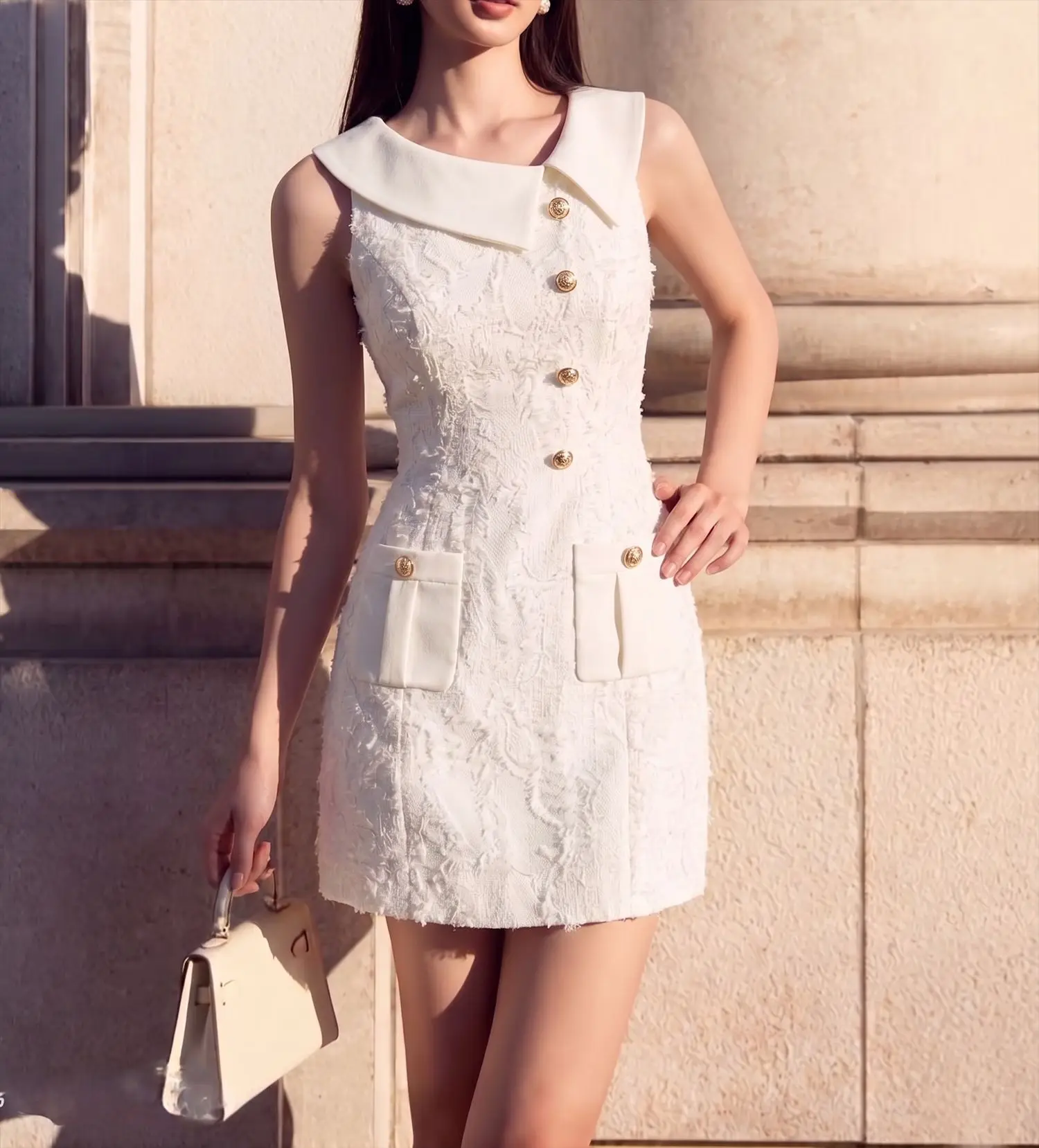 High Quality A-line Hip Hugging Dresses Spring Women Sleeveless Round Neck Slim Dress High Waist Straight Zipper Mini Dress