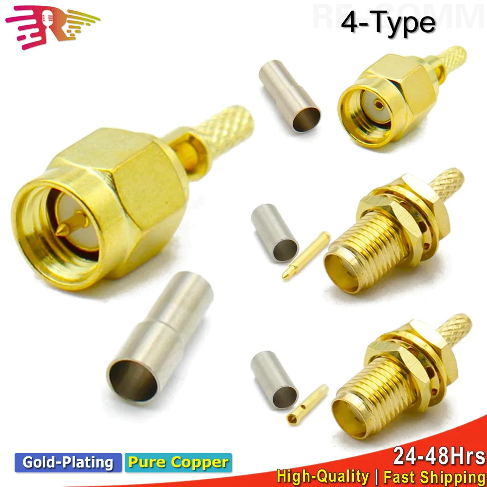 SMA Male Female Connector Window Crimp RP SMA Male Female Center Nut Bulkhead Crimp Adapter for Coaxial RG174 RG316 cable