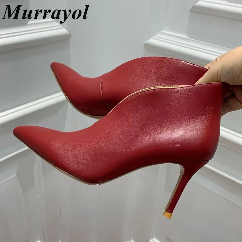 

2025 New Pointed Toe Genuine Leather Pumps Women Deep Mouth Solid Color Thin Heel Ankle Boots Spring Autumn Sexy Short Boots