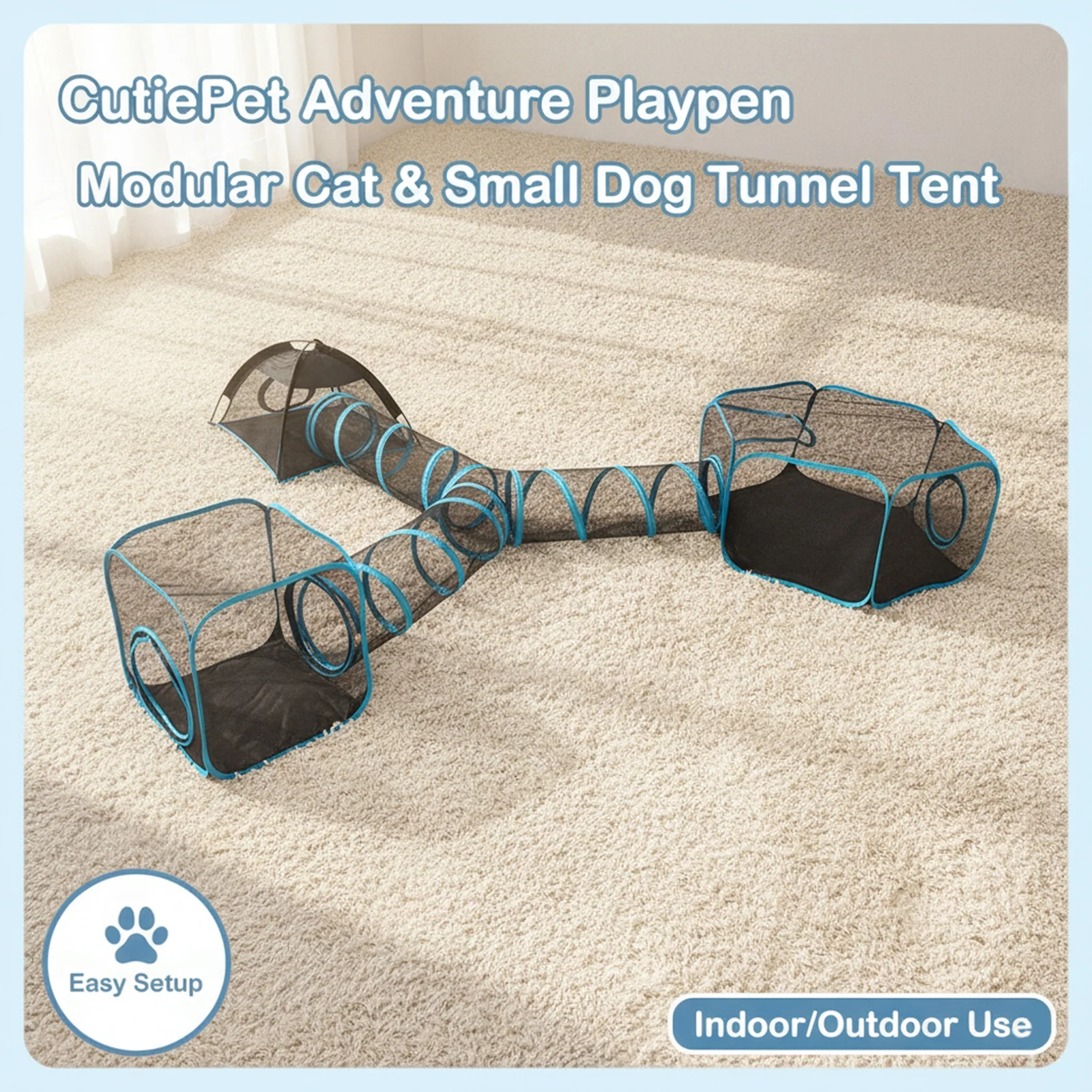 1 Pack Tente de jeu pour chat facile à installer, Tunnel 4-en-1 en maille, Enclos pliable pour animaux de compagnie sans outils