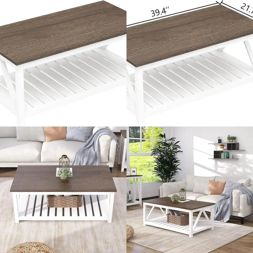 

Винтажный белый журнальный столик в деревенском стиле с полкой для гостиной, 40 дюймов