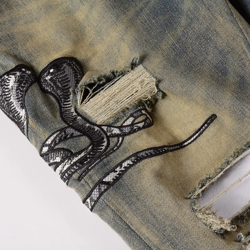 Men Snake Embroidery Denim Jeans Vintage Blue Snakeskin Leather Patch Stretch Pants Skinny Tapered Trousers