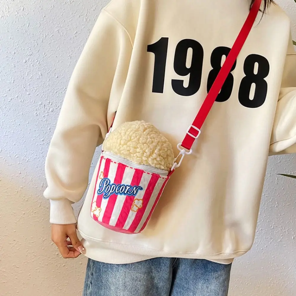 Personality Cartoon Popcorn Shoulder Bag Adjustable Strap Soft Popcorn Crossbody Bag Funny Plush Creative Bucket Bag Travel