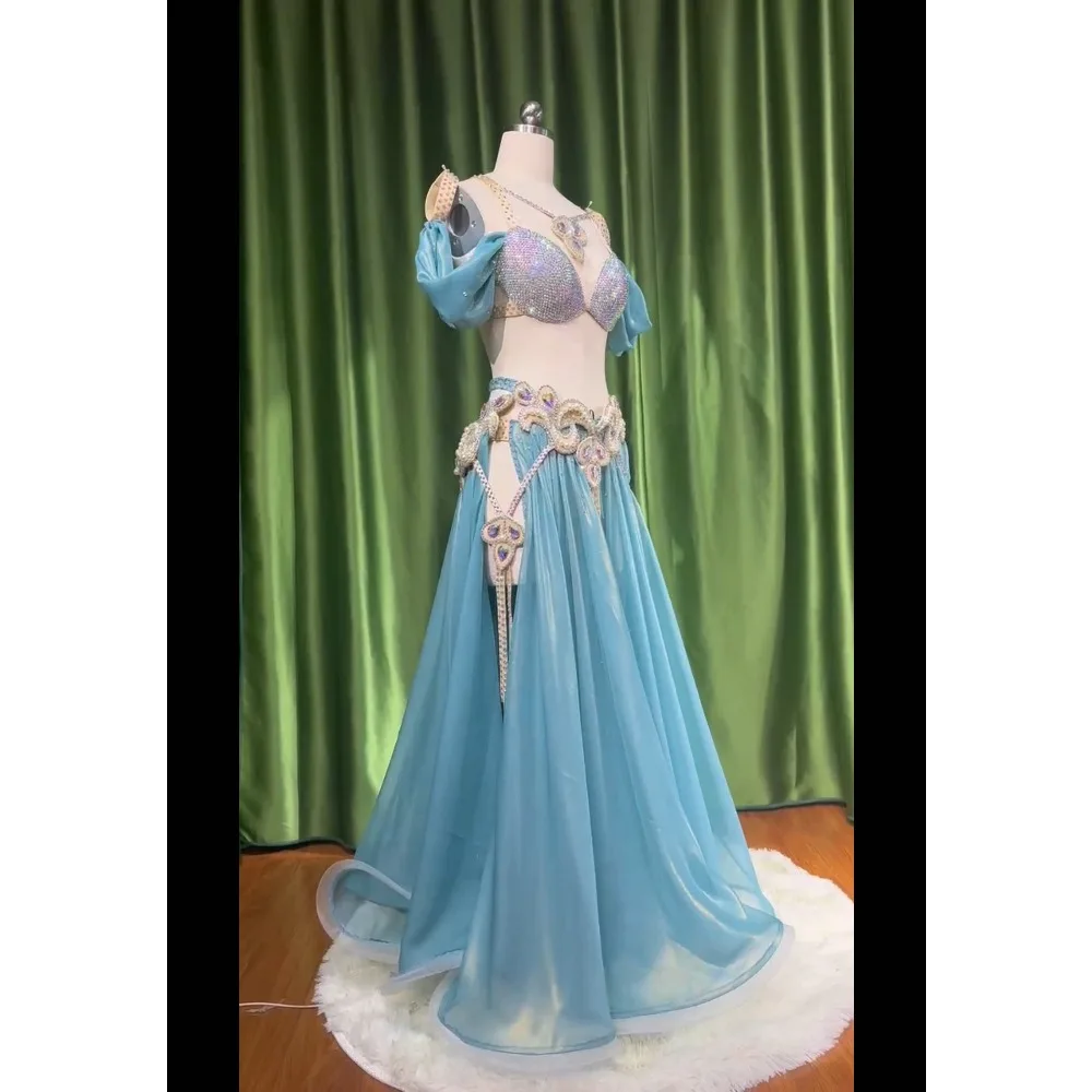 BellyDance Suit Embroidery Diamond Bra Split Fishtail Skirt Performance Set Custom Adult Child Competition Clothing Accessories