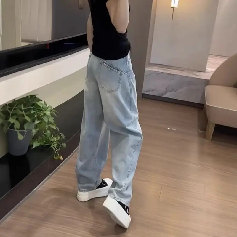 

High Waist Stretchy Slimming Straight Leg Jeans Trendy Versatile Loose Hip Covering Wide Leg Pants Casual Blue Cotton Polyester