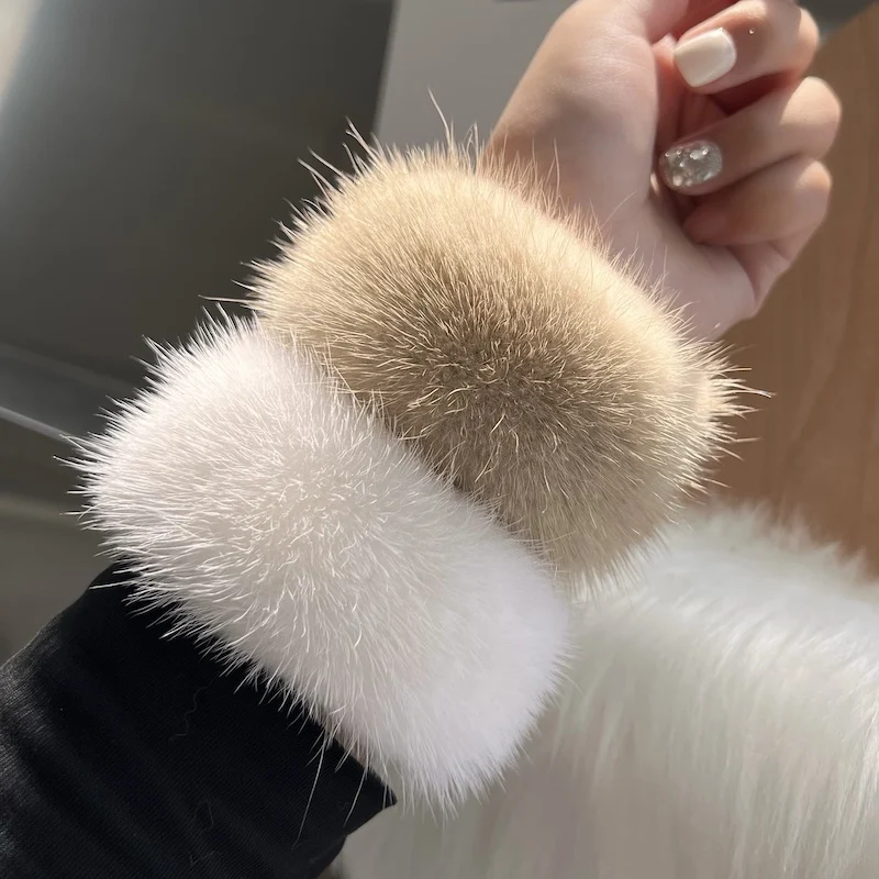 Winter Warm Real Mink Fur Cuff Luxury Arm Warmer Thick Furry Female Hand Ring Wristbands