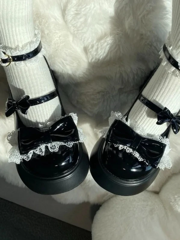 

Sweetheart Girl Bow Lace Splicing Round Head Platform High Heels Cute Lolita Style Mary Jane Shoes Japanese Pu Single Shoes
