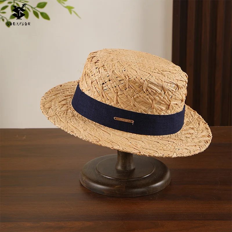

Vintage, Ancient Woven Lafite Straw Hat Women's Summer French Seaside Flat Top Straw Hat Beach Vacation Shade Sunscreen Hat
