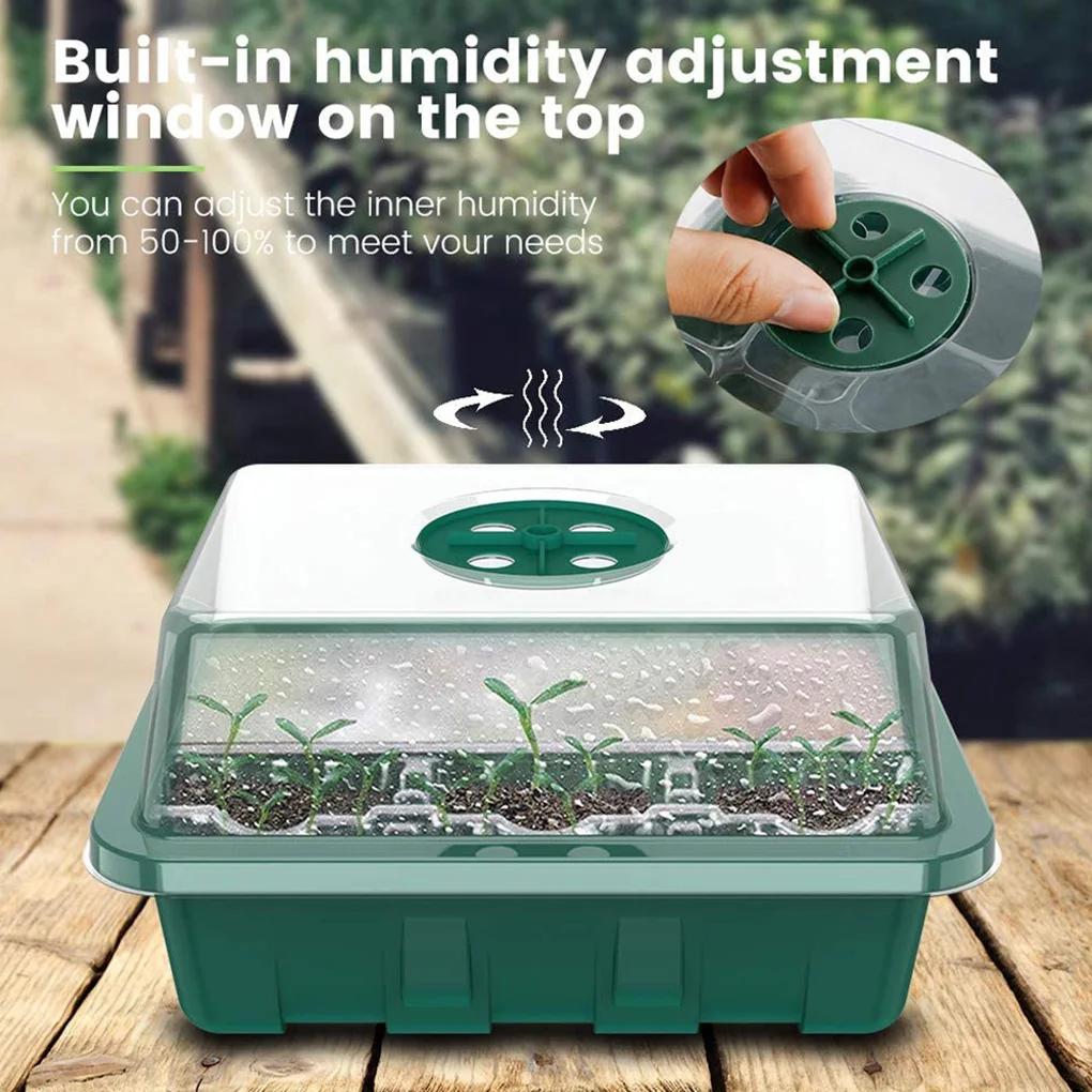 Seed Starter Tray Box Grow Light Nursery Pot Seedling Germination Planter Adjustable Ventilation Humidity 12 Cell