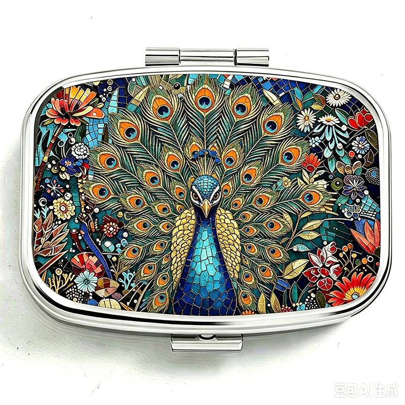 1pc, 2D Flat, Golden-based Embossed Peacock and Orange Blossom Pattern, Portable Daily Travel Pill Case, Moisture-proof Small Medicine Box, Multifunctional Storage Container for Vitamins and Supplements, Small Jewelry Organizer, Waterproof Pill