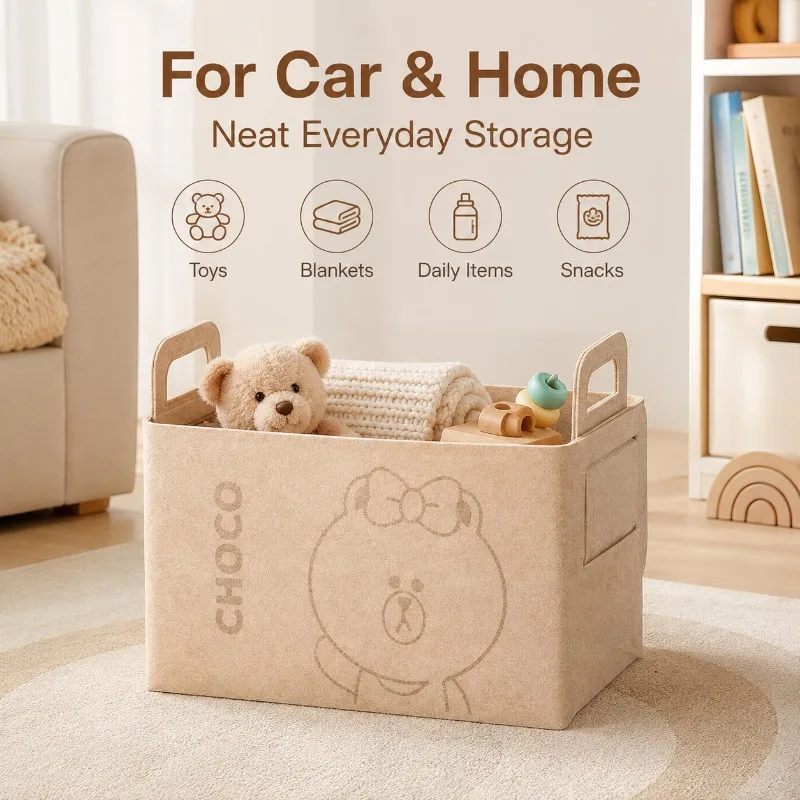 20L Large Felt Trunk Organizer Cute Bear Foldable Storage Basket with Handles for Car Snacks Groceries Toys and Home Essentials