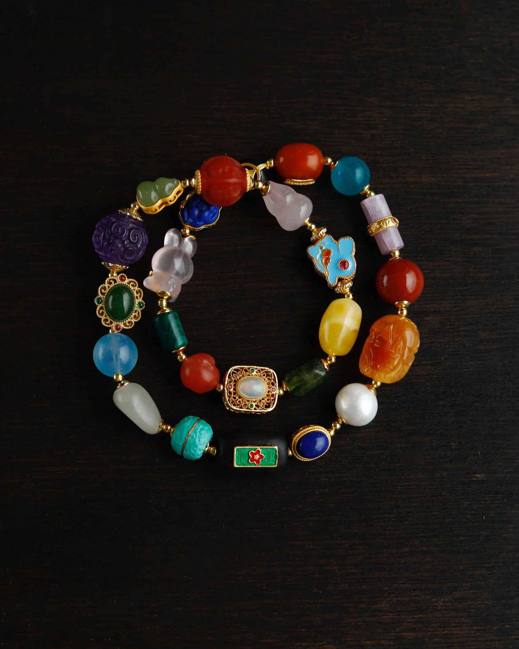 

S925 Sterling Silver Dual-Strand Multi-Gem Bracelet, Gold-Plated Setting with Natural Colored Gemstones, Luxury Handmade Jewelry