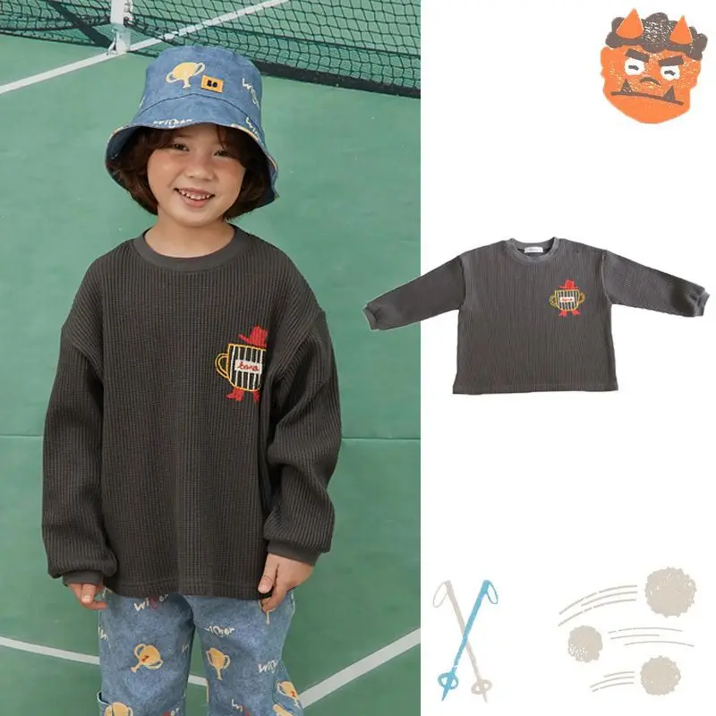 

Jenny&Dave Spot 2023 Autumn New Children's Casual Top with Cartoon Letter Printing Waffle Long Sleeve