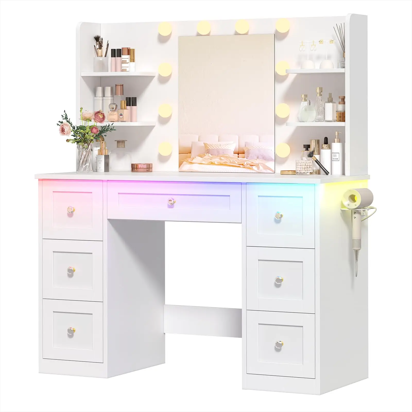 White Makeup Desk with Mirror and Lights, Table with RGB LED Strip & Power Outlets, Dring Table with 7 Ders & 4 Storage