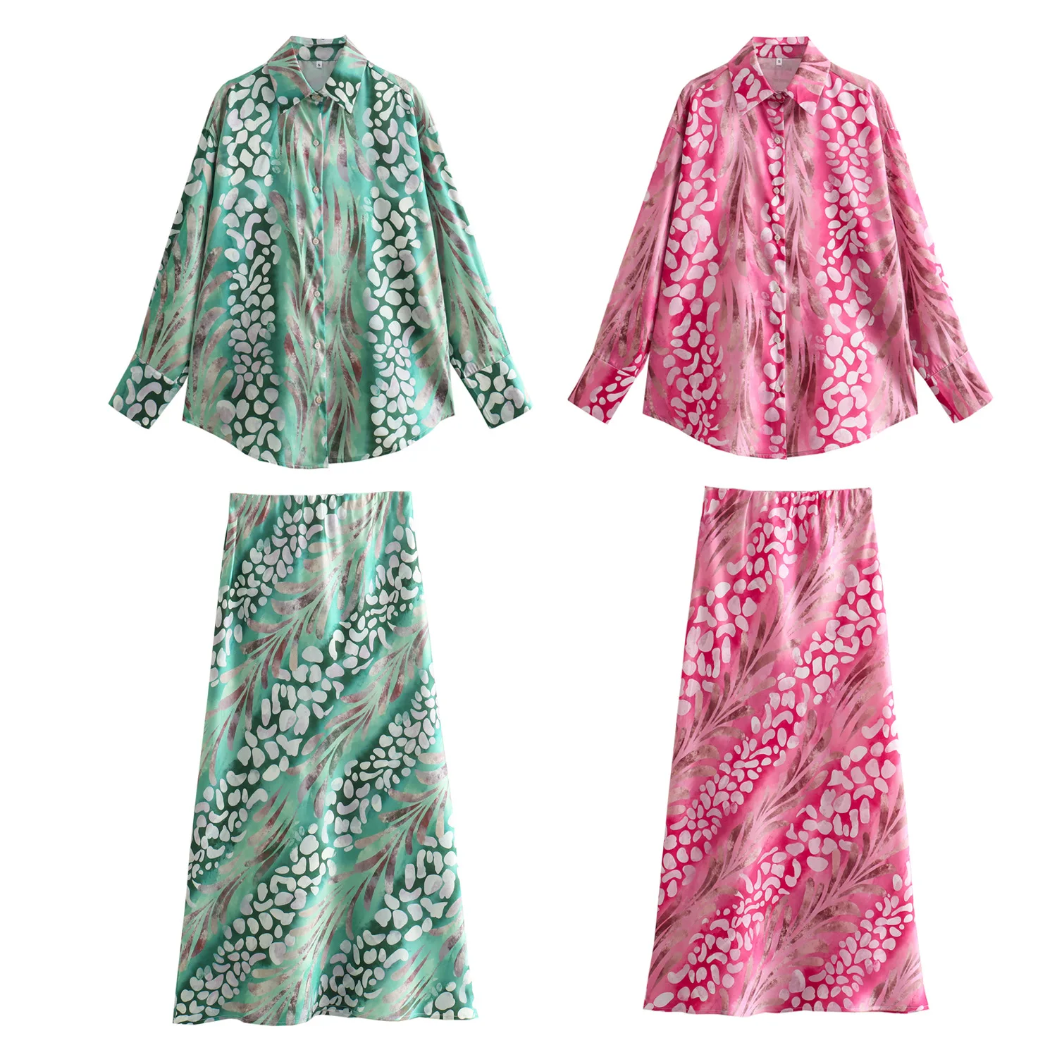 

Spring Summer Fashion Two Piece Skirt Set Women Oversized Print Shirt Long Sleeve Chic Female Loose Shirt+High Wiaist Skirt