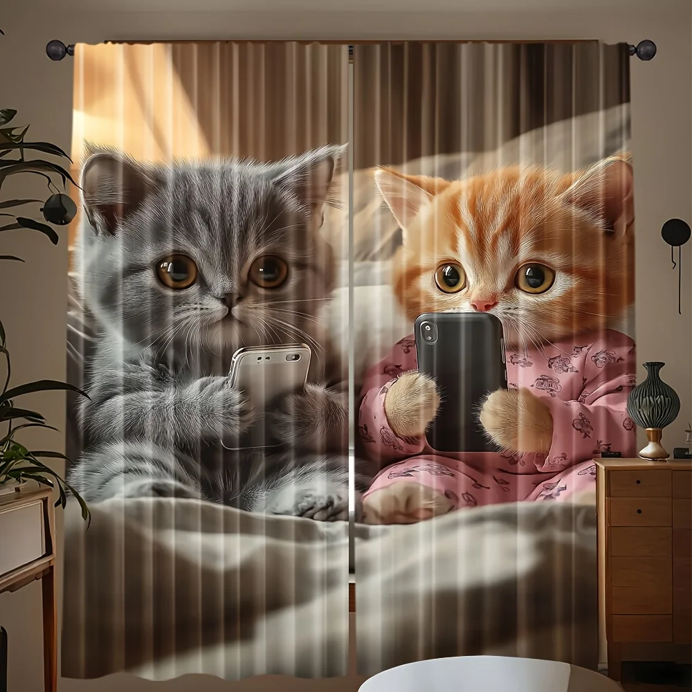 2pc adorable cat selfie window curtain with realistic kittens holding phones for bedroom cozy modern style Without curtain rod