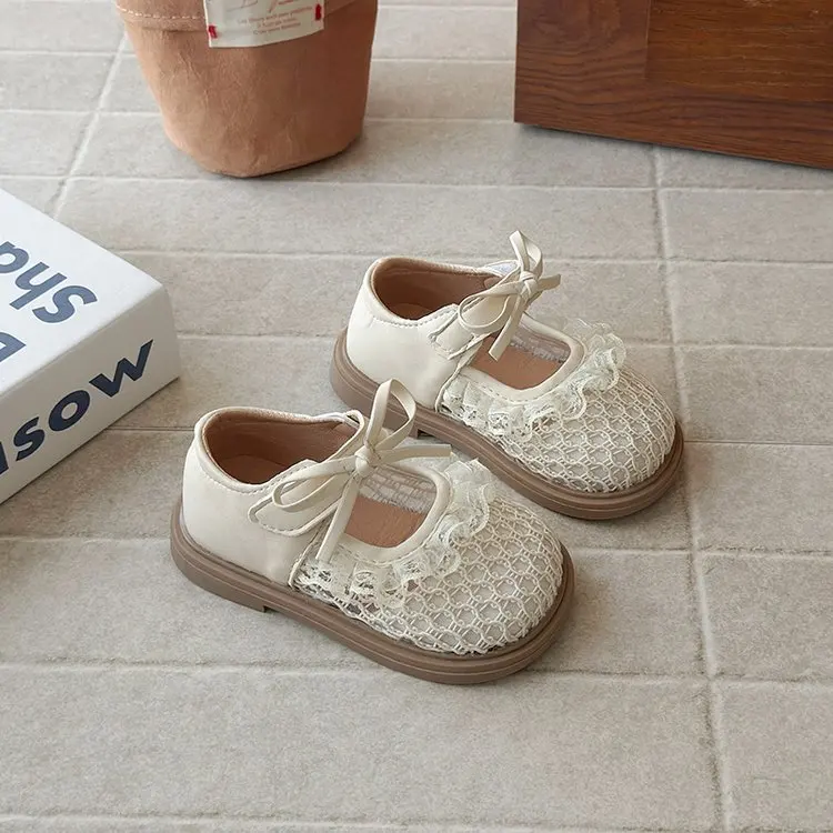 

Spring Summer New Girls Breathable Woven Mesh Shoes Kids Pearl Bow Shoes PU Leather Hollow Sandals Size 22-31