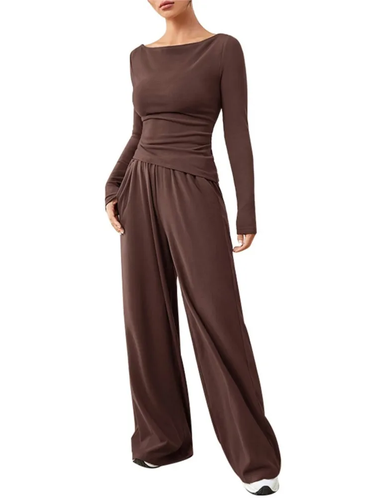 Venta de ropa para mujer, conjunto deportivo de Yoga, conjunto de pantalones de pierna ancha de dos piezas para mujer, traje suave y de chándal, traje irregular de moda