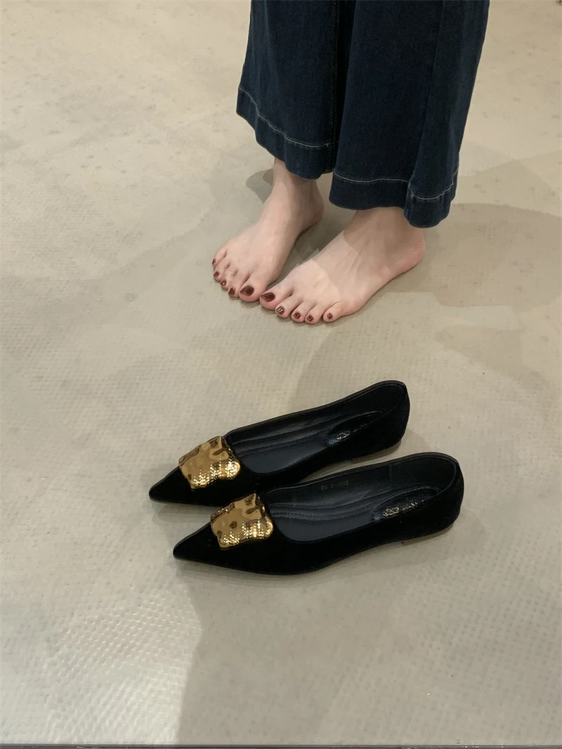 

Black Color Women Flat Shoes Fashion Big Crystal Buckle Ladies Elegant Mary Jane Shoes Soft Flat Heel Dress Single Shoes New