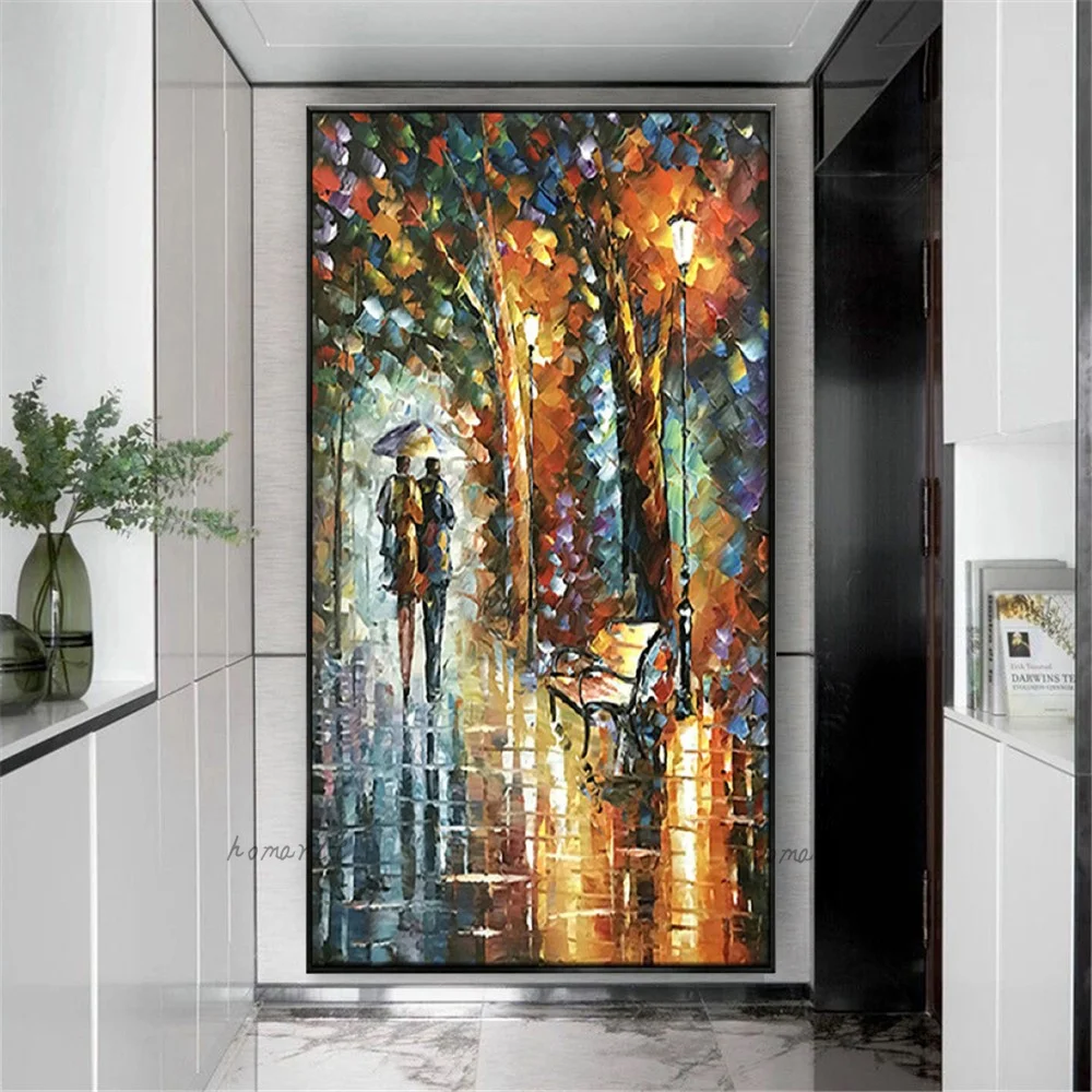 

Large Handmade Abstract Wall Art Picture Rain Pedestrian Tree Street View Palette Knife Oil Painting On Canvas Decor Room Home