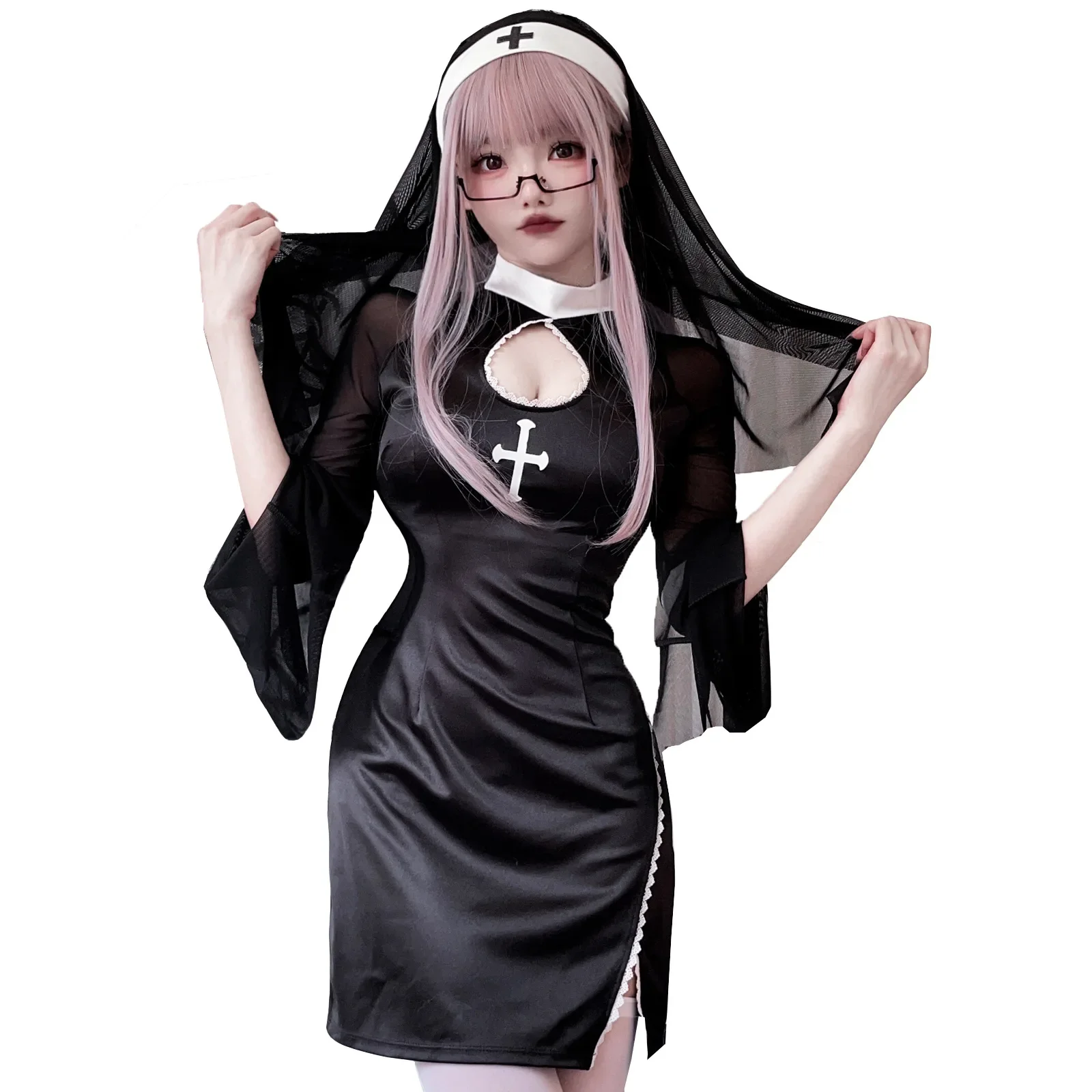 

Sexy Nun Cosplay Vampire Cross Dark Gothic Style Easter Halloween Dress for Women Low Cut Clothing Hollow Out Costume 2Piece