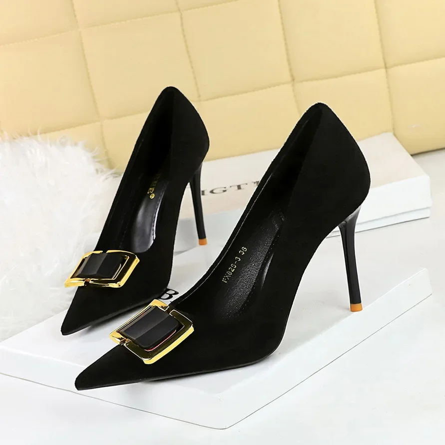 BIGTREE sepatu hak tinggi 9cm untuk wanita, sepatu kets pernikahan model gesper persegi logam desainer mewah, sepatu Stiletto Prom dengan hak tinggi 9cm untuk wanita