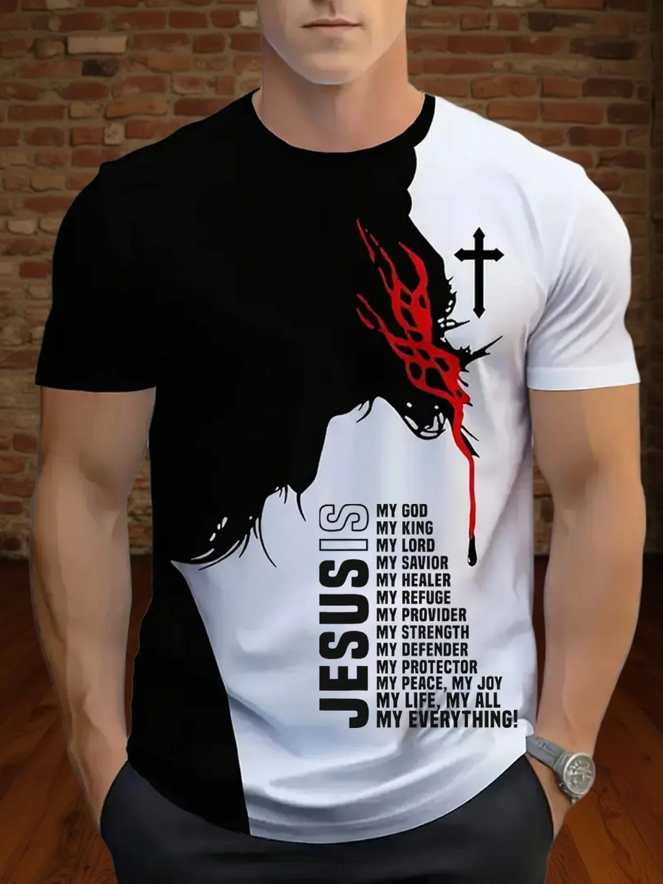 Fashion Men's Jesus Christ Cross Graphic T-Shirt Split Thorn Crown Print Short Sleeve Tee Religious Faith Casual Tops