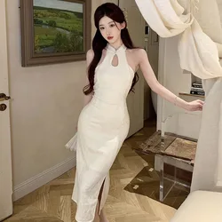 New Backless Chinese Style Improved Female Qipao Cheongsam Elegant Classic Long Sleeveless Dress Sexy White Vestidos