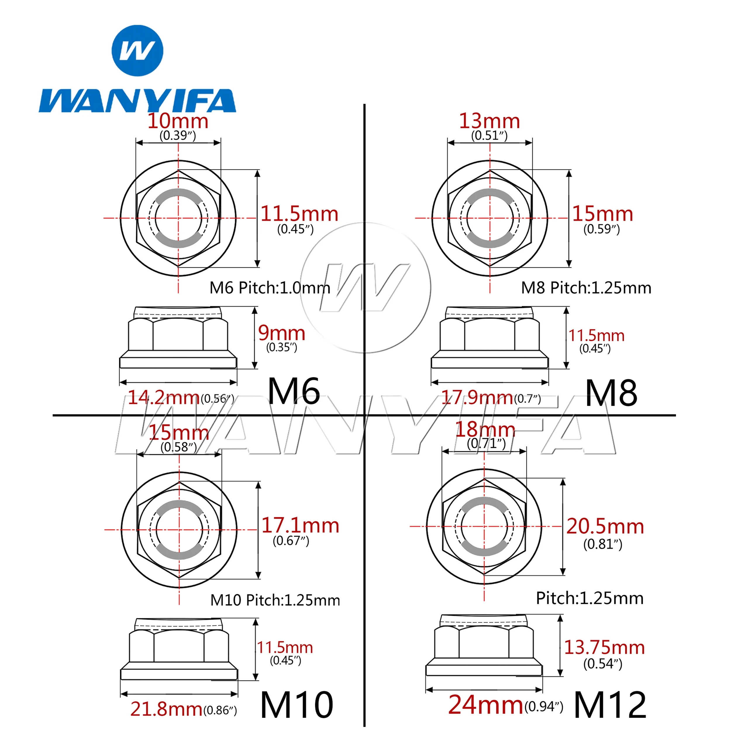 Wanyifa Titanium Nut M6/M8/M10/M12 Flange Lock Nuts for Cycling Modification 6pcs