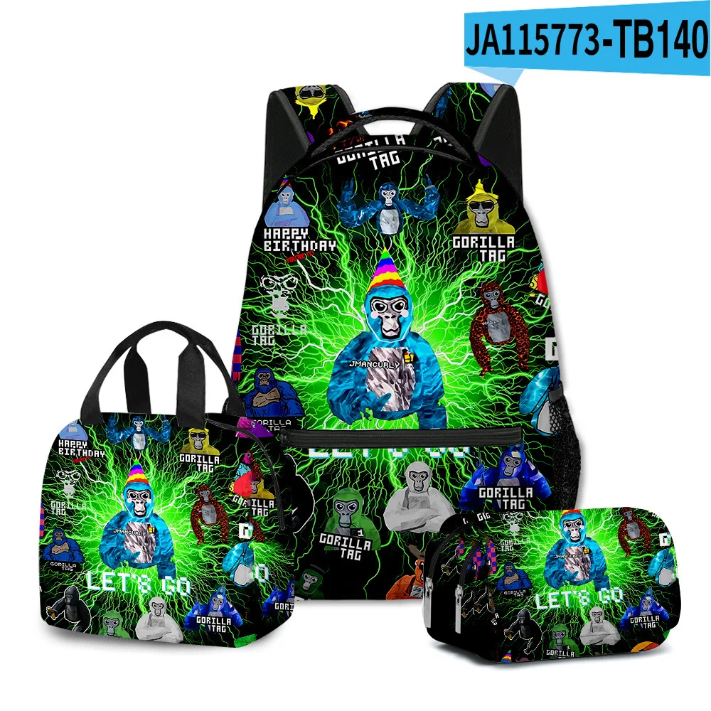 Classic Popular Novelty Gorilla tag 3D Printed 3pcs/Set student School Bags Travel Notebook Backpack Lunch bag Pencil Case image 3