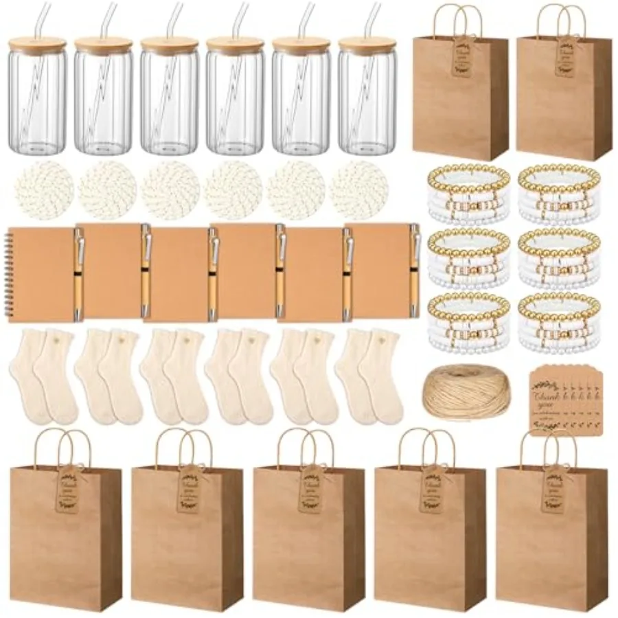 

6 Sets Kraft Baby Shower Game Prizes for Winners 16 oz Glasses Cups Kraft Notebooks with Pens White Fuzzy Socks Cotton Rope Coa