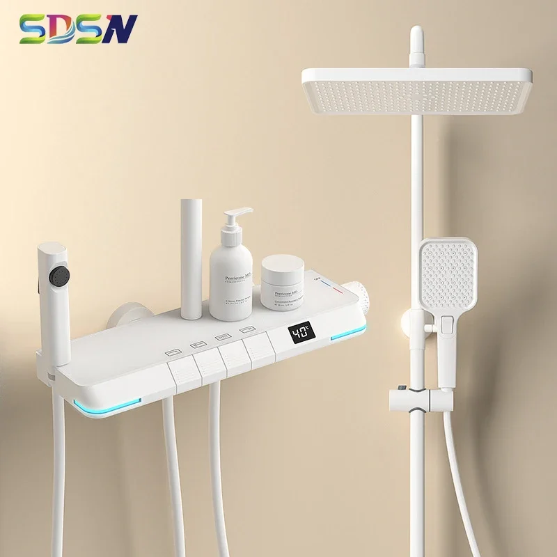 LED White Piano Digital Bathroom Shower Set Quality Brass Hot Cold Bathroom Faucets Rainfall Shower Head Digital Shower System