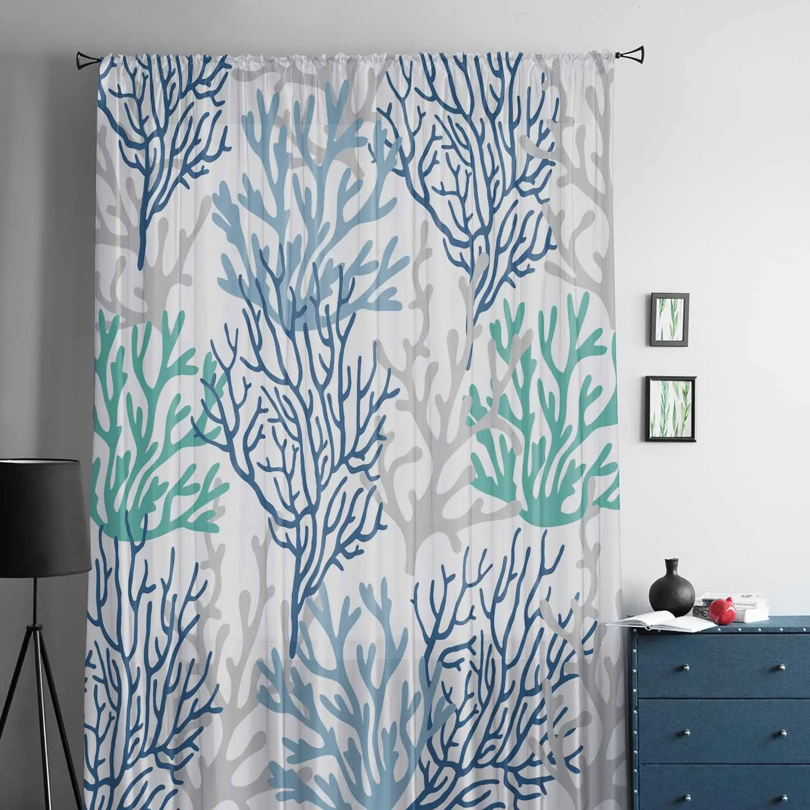 Summer Marine Organisms Coral Blue Duck Green Gray Voile Sheer Curtains Living Room Window Tulle Bedroom Drapes Home Decor