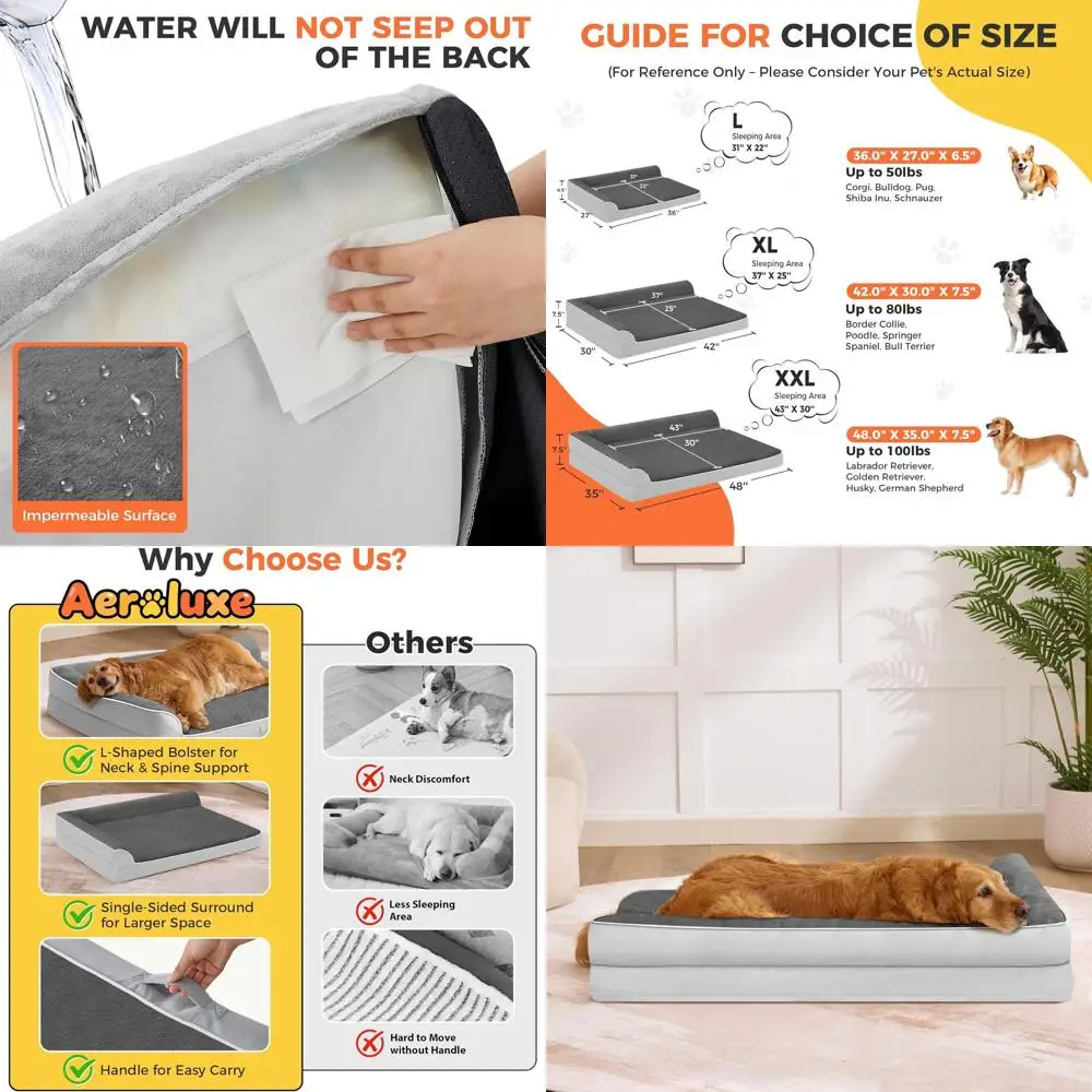 

Ортопедическая лежанка XXL для крупных пород собак, водонепроницаемый моющийся чехол, L-образная форма с ручкой, 48x35x7.5, серый флис