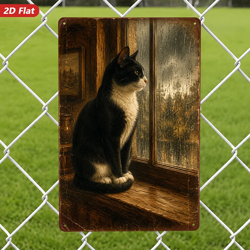 2D Flat, 1pc Tuxedo Cat Metal Sign Wall Art, Ideal for Study Living Room, Black And White Cat, Window Perch, Rainy Glass Pane